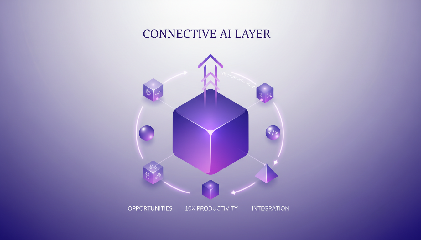 Illustration moderne de création d'une couche AI connectée, intégrant des outils multiples et code personnalisé, boostant la productivité.