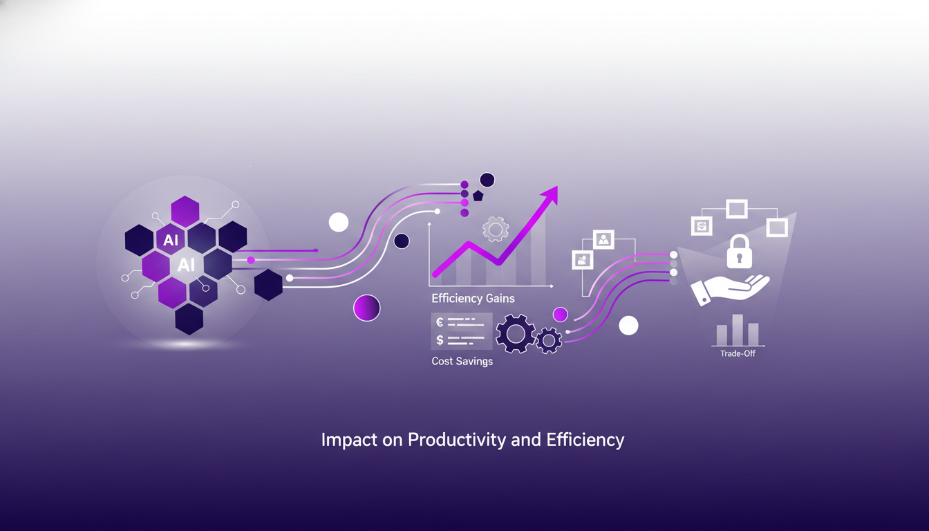 Illustration moderne et minimaliste de l'impact de l'IA sur la productivité avec des formes géométriques et des dégradés violets.