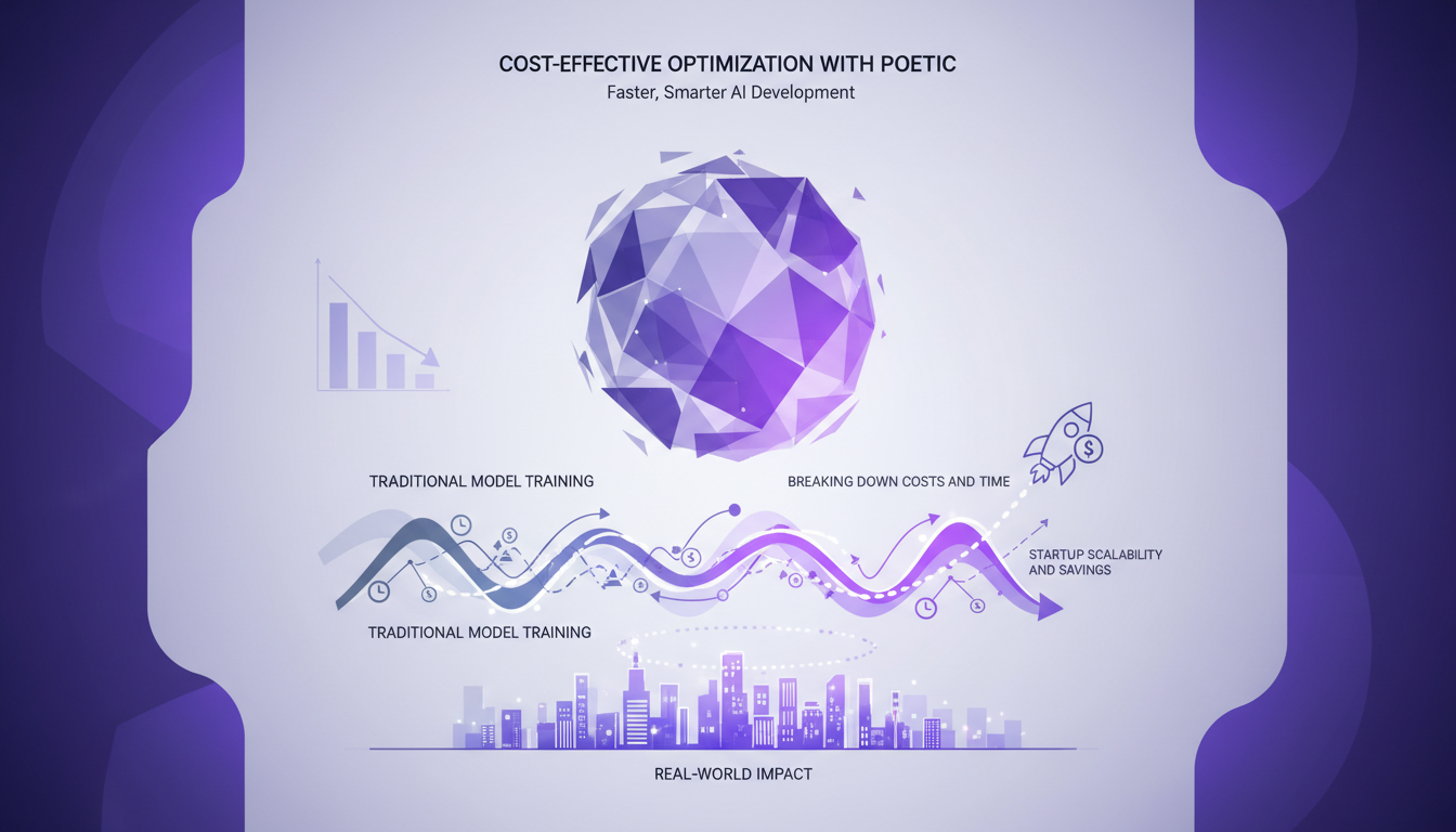 Illustration moderne de l'optimisation économique avec Poetic, montrant l'impact sur le développement des startups et la réduction des coûts.