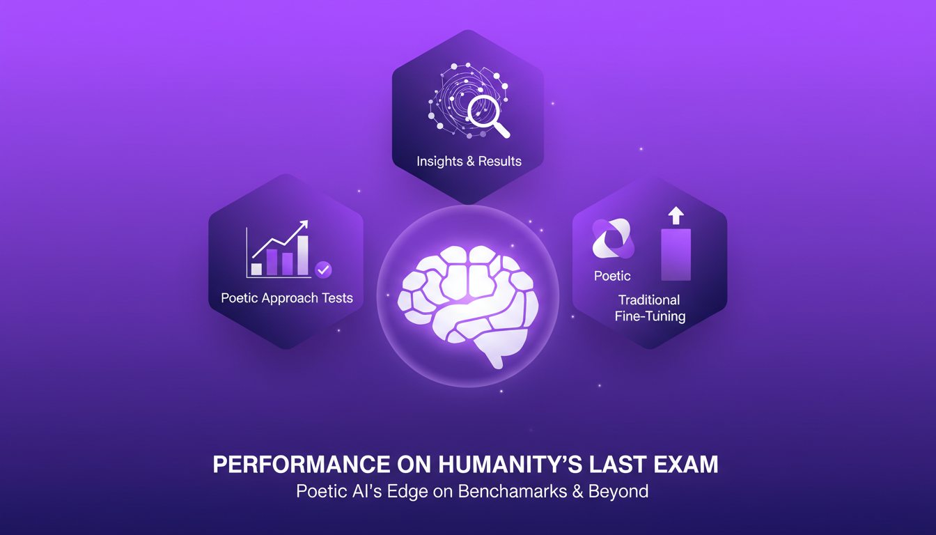 Illustration moderne représentant la performance de l'approche de Poetic sur l'examen final de l'humanité, avec des formes géométriques et des dégradés indigo et violet.