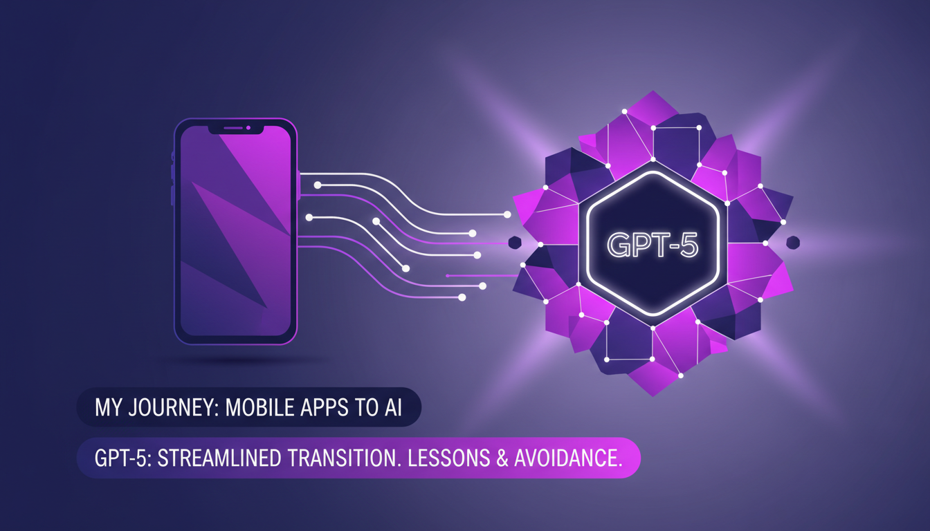 Illustration moderne de la transition des applications mobiles à l'IA, mettant en avant GPT-5 et des concepts d'innovation technologique.