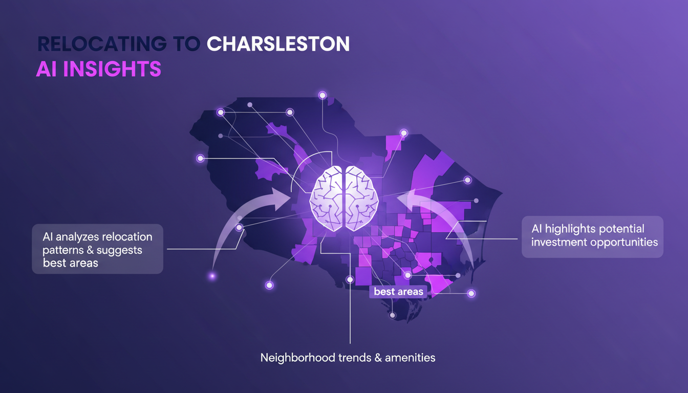 Illustration moderne représentant l'analyse des tendances de relocalisation à Charleston par l'IA, avec formes géométriques et dégradés.