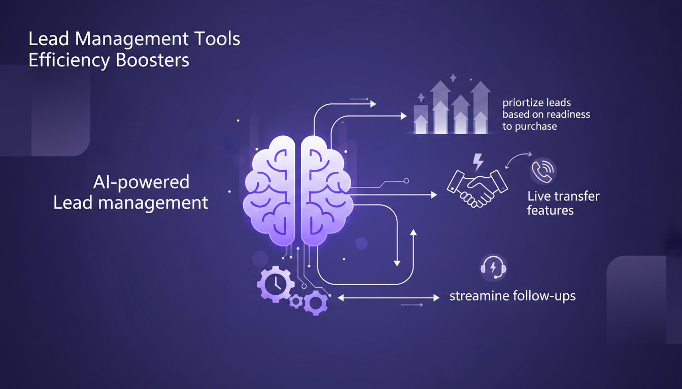 Illustration moderne d'outils de gestion de leads alimentés par l'IA, optimisant les suivis et priorisant les leads prêts à acheter.
