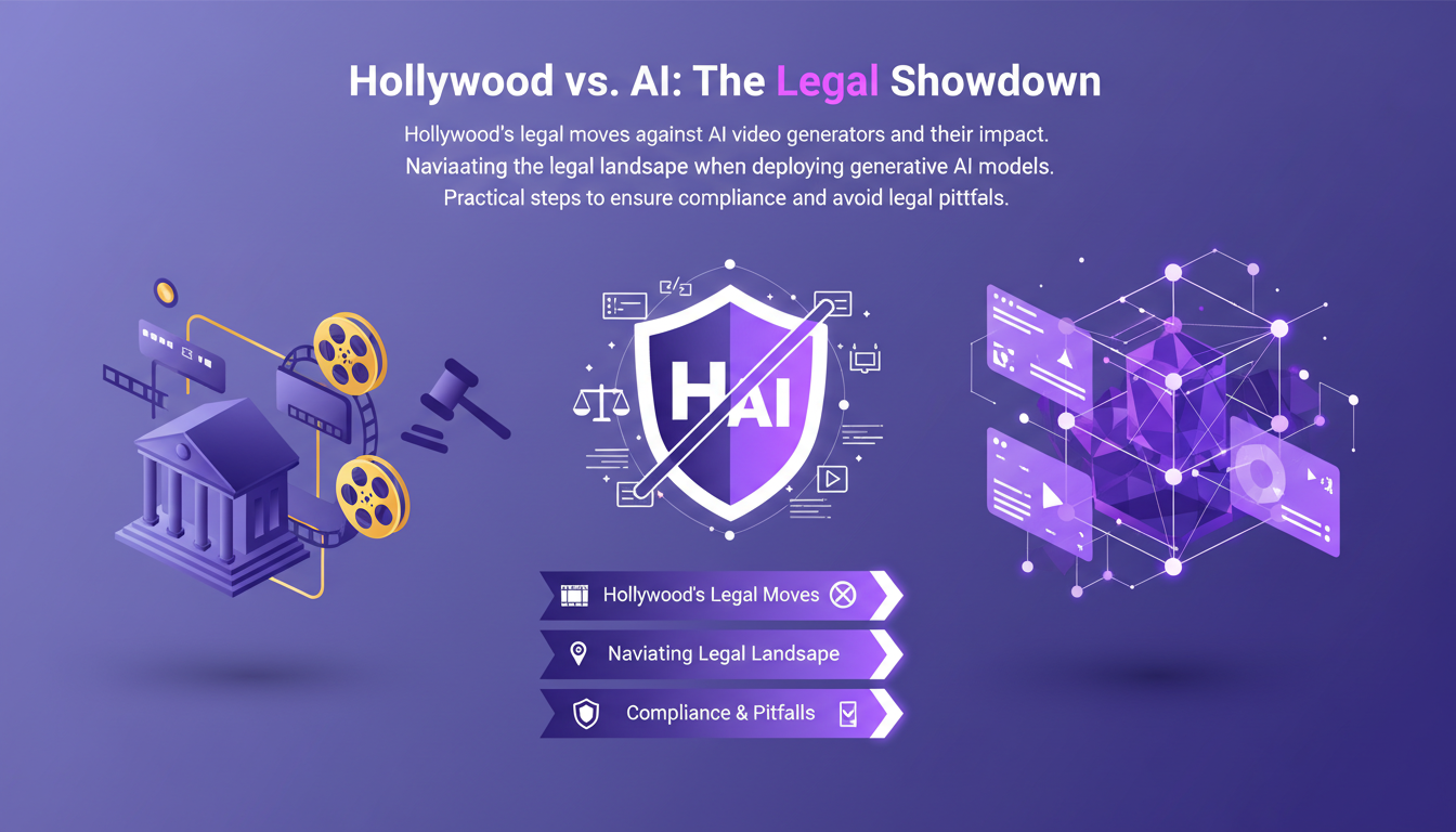 Illustration moderne de Hollywood contre l'IA, montrant des formes géométriques et des dégradés indigo et violet, symbolisant le conflit juridique.