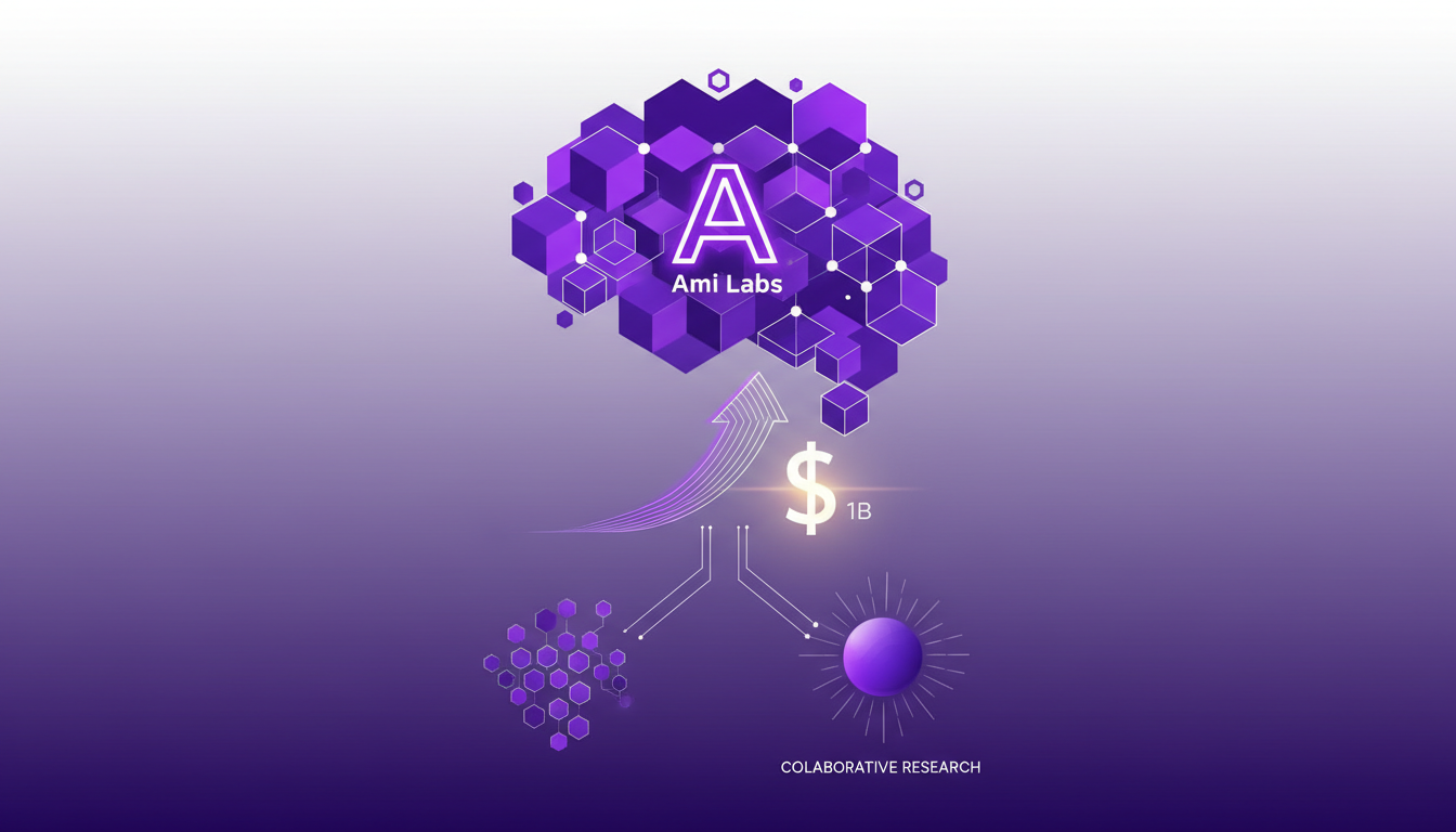 Illustration moderne d'Ami Labs et sa vision d'un milliard de dollars, avec formes géométriques et palette indigo-violet, symbolisant l'innovation AI.
