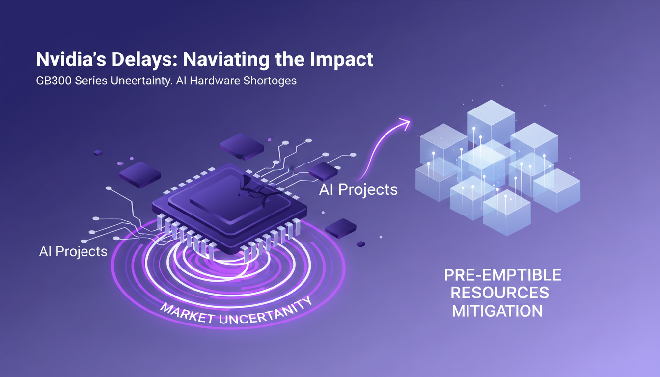 Modern illustration of Nvidia delays affecting AI projects, featuring geometric shapes and indigo and violet gradients.