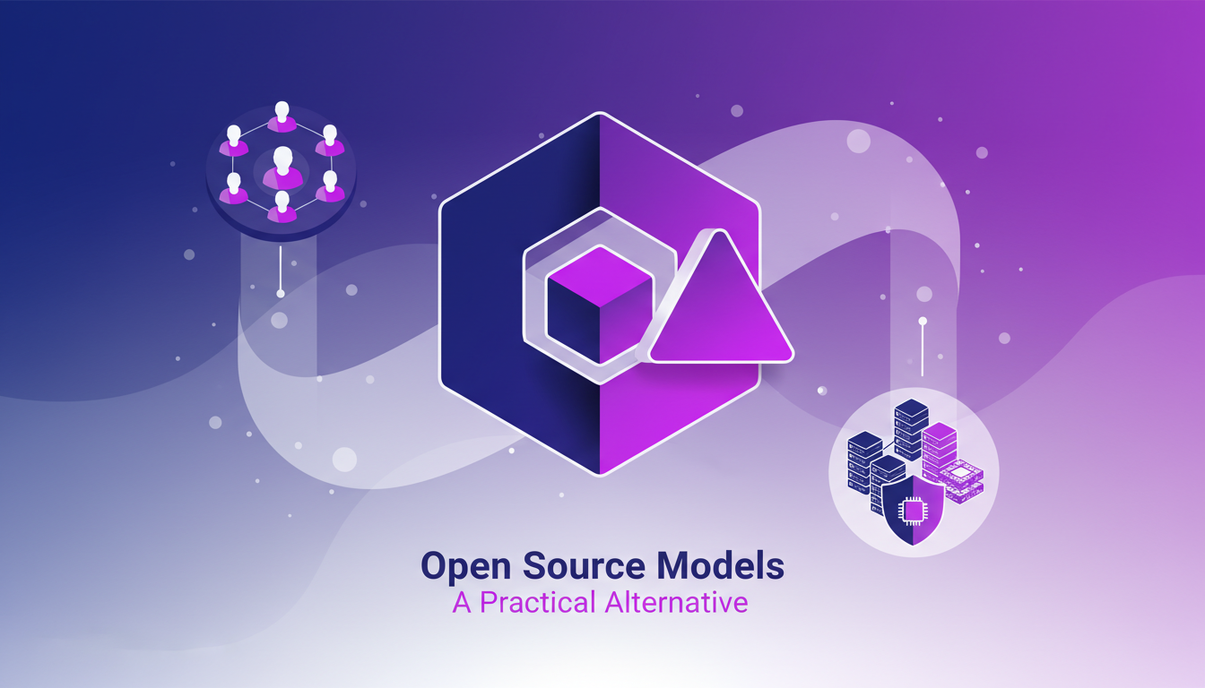 Modern illustration of open-source AI models highlighting flexibility, cost savings, and community support, featuring indigo and violet gradients.