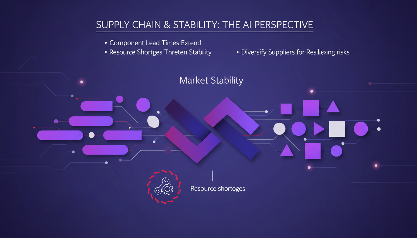 Modern minimalist illustration of market stability and supply chain concerns, featuring geometric shapes and gradients in indigo and violet hues.