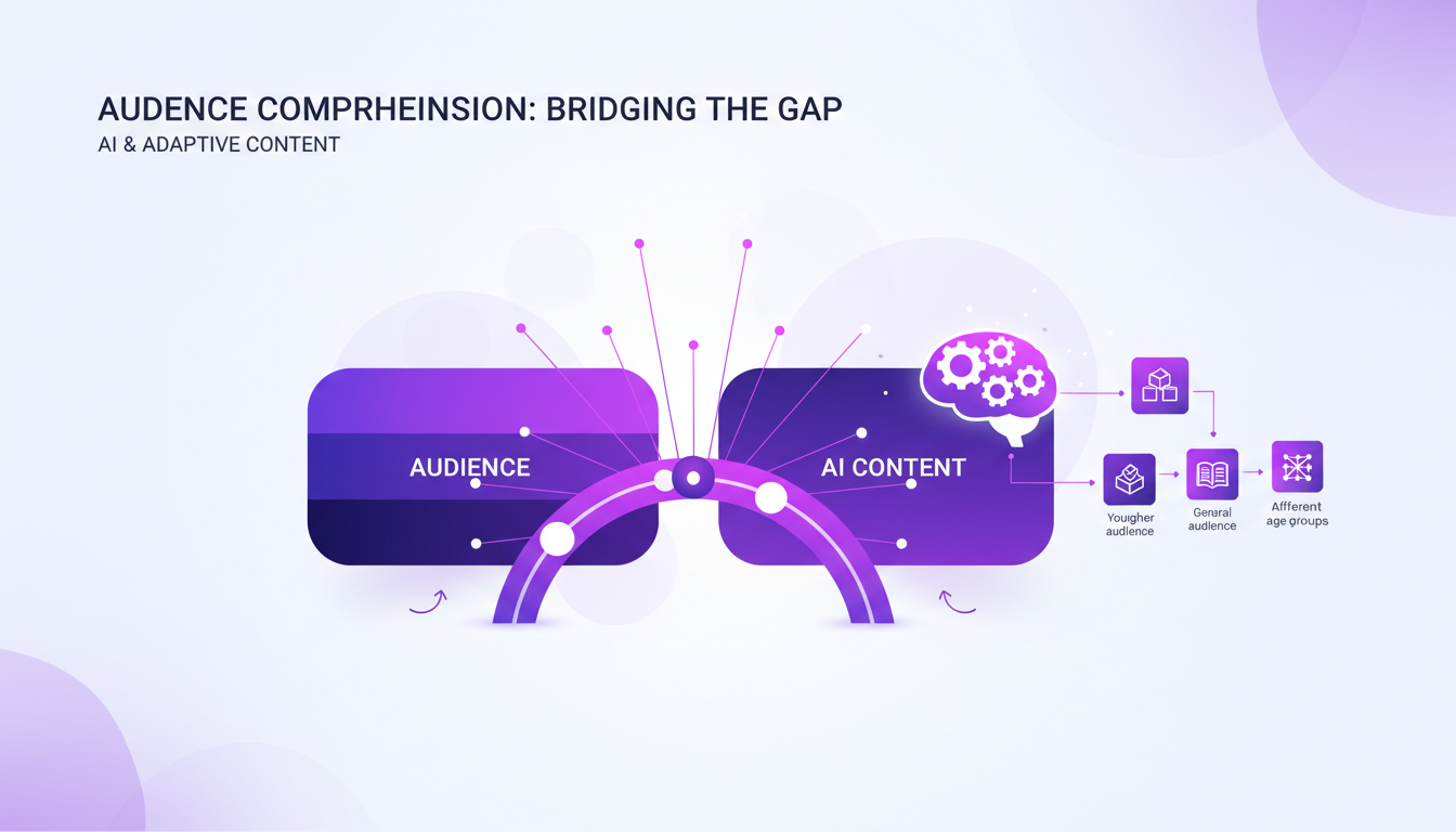 Illustration moderne et minimaliste sur la compréhension du public, montrant des concepts d'IA et des formes géométriques en indigo et violet.