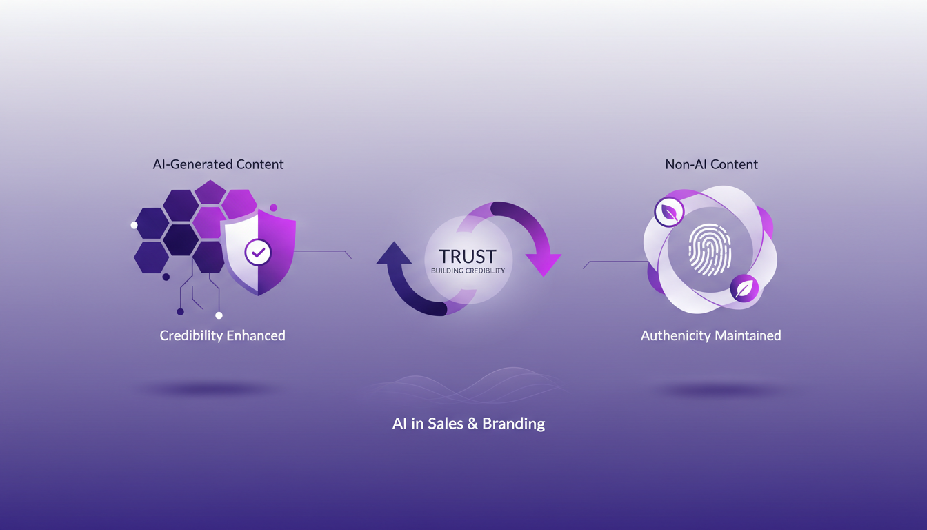 Illustration moderne montrant la confiance et l'authenticité dans l'IA, avec des formes géométriques et des dégradés violets.
