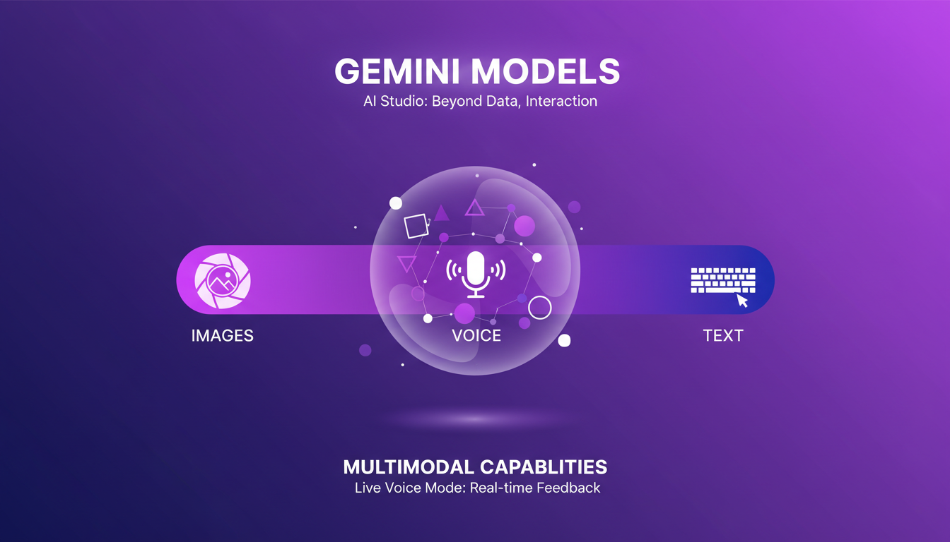Modern illustration of Gemini models and multimodal capabilities in AI, featuring geometric shapes and indigo-violet gradients.