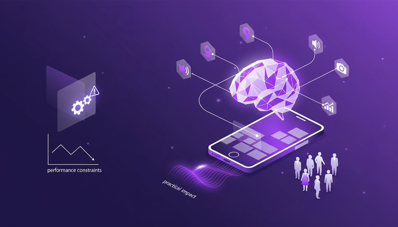 Modern illustration of AI's expansion on mobile platforms with geometric shapes, highlighting practical impact and performance challenges.