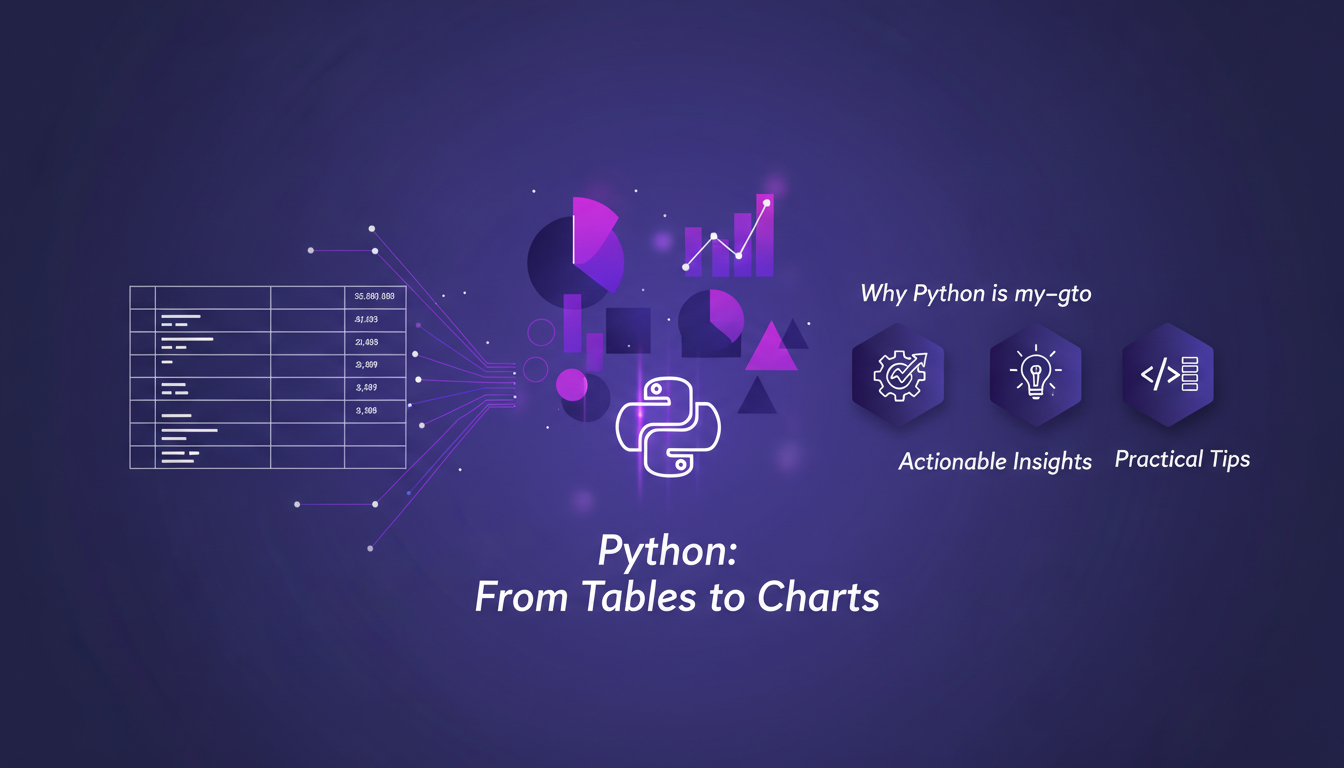Modern illustration of data visualization with Python, converting tables to charts, featuring geometric shapes and gradient overlays.
