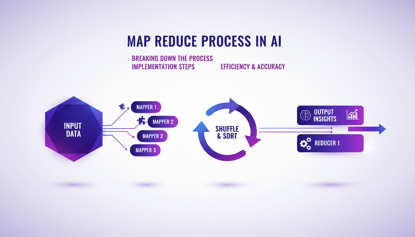 Modern illustration of AI Map Reduce process, highlighting key concepts with geometric shapes and indigo-violet gradients.