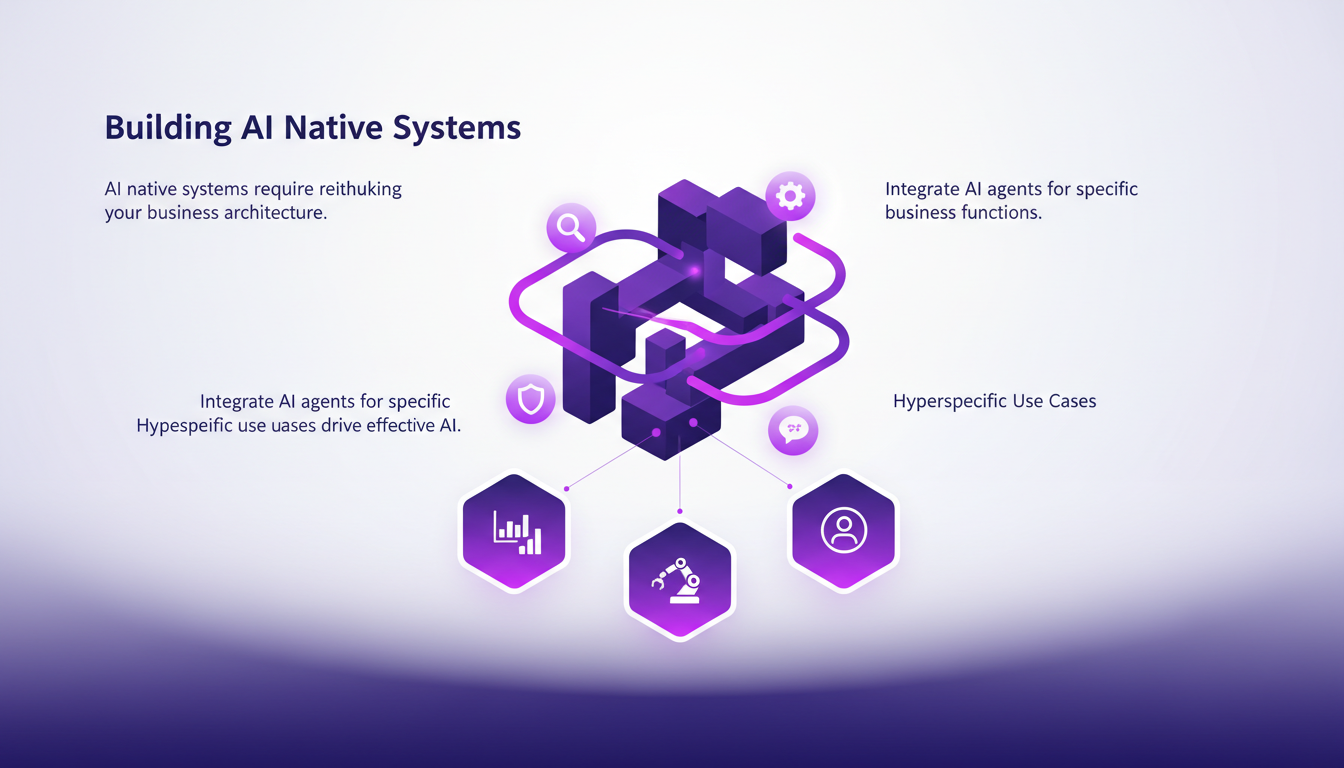Illustration moderne et minimaliste de systèmes natifs IA, intégrant des agents IA pour des fonctions commerciales spécifiques, palette indigo et violet.
