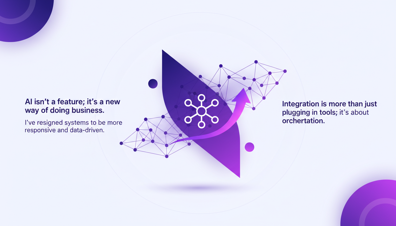 Illustration moderne de la refonte des systèmes d'entreprise avec l'IA, intégration orchestrée, design minimaliste, indigo et violet.