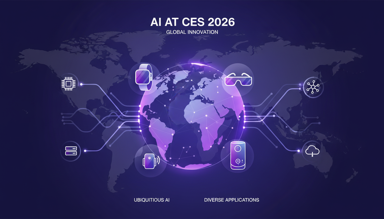 Modern illustration of AI at CES 2026, showcasing global diversity and integration into everyday products, in indigo-violet palette.