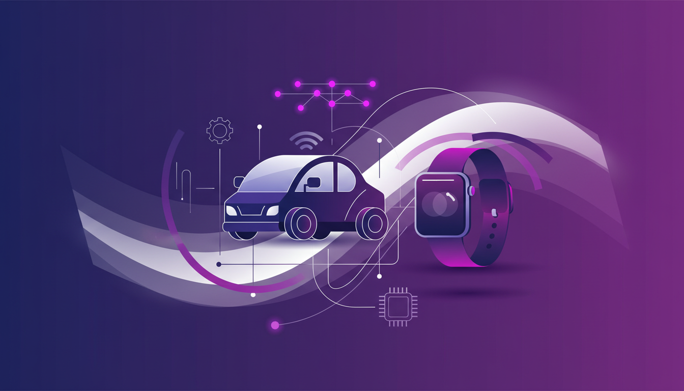 Modern illustration of AI in products and industries, featuring autonomous vehicles and smart wearables, with indigo and violet gradients.