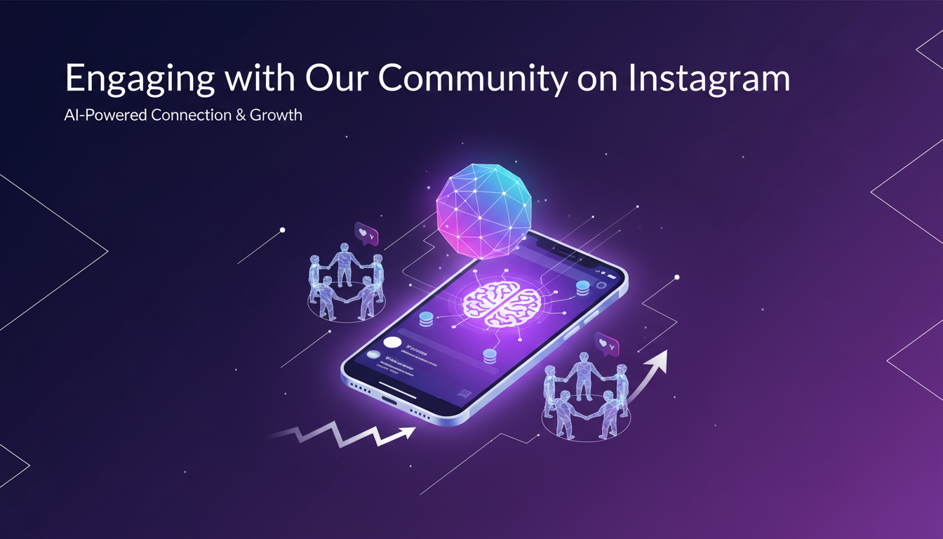 Modern illustration of community engagement on Instagram with geometric shapes and violet gradients, symbolizing content strategy.