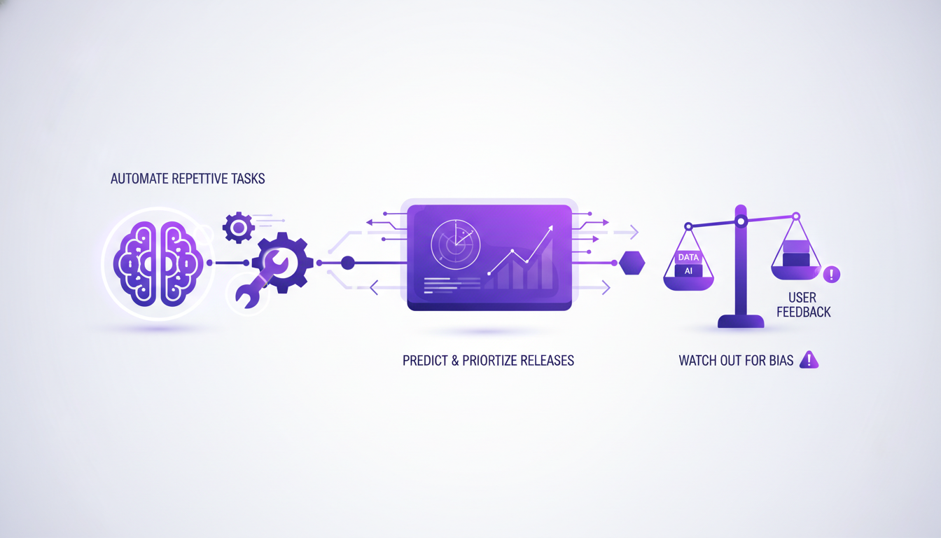 Illustration moderne et minimaliste de l'IA accélérant la livraison de fonctionnalités, avec formes géométriques et dégradés violets.
