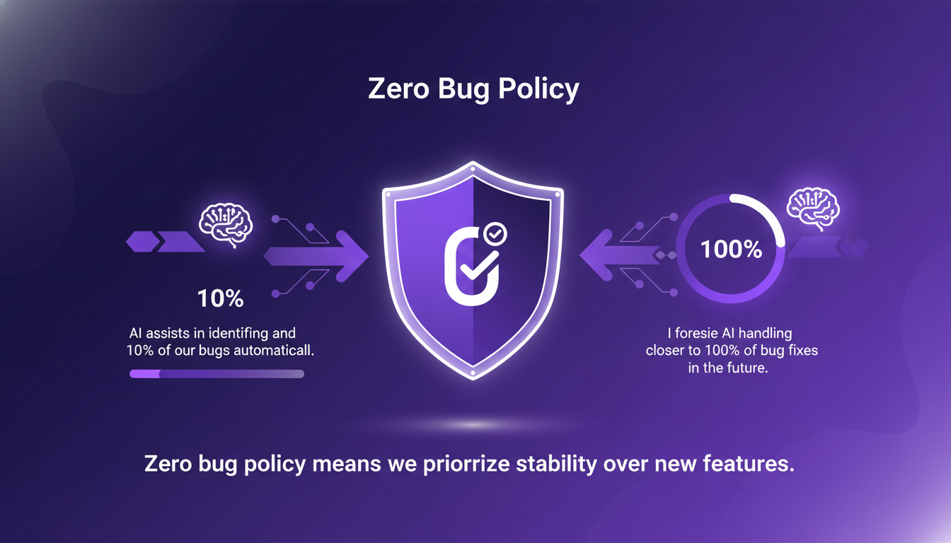 Illustration moderne de l'IA aidant à corriger les bugs, illustrant une politique zéro bug avec des nuances de violet et indigo.