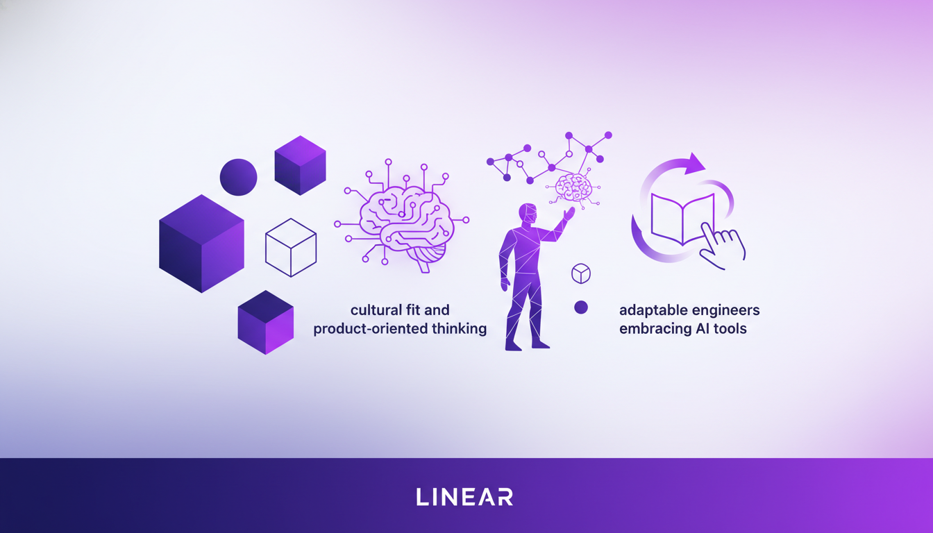 Illustration moderne des pratiques d'embauche chez Linear, axée sur l'adaptation à l'IA et l'apprentissage continu, avec des formes géométriques.
