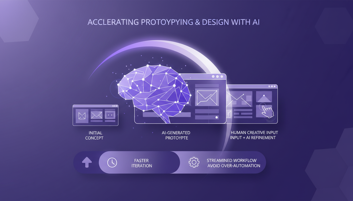 Modern illustration of accelerating prototyping and design with AI, featuring geometric shapes and subtle gradient overlays.