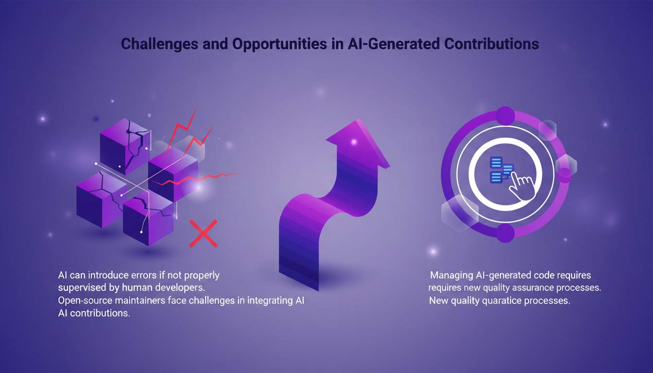 Modern AI illustration depicting challenges and opportunities in AI-generated contributions, featuring geometric shapes and gradient overlays.