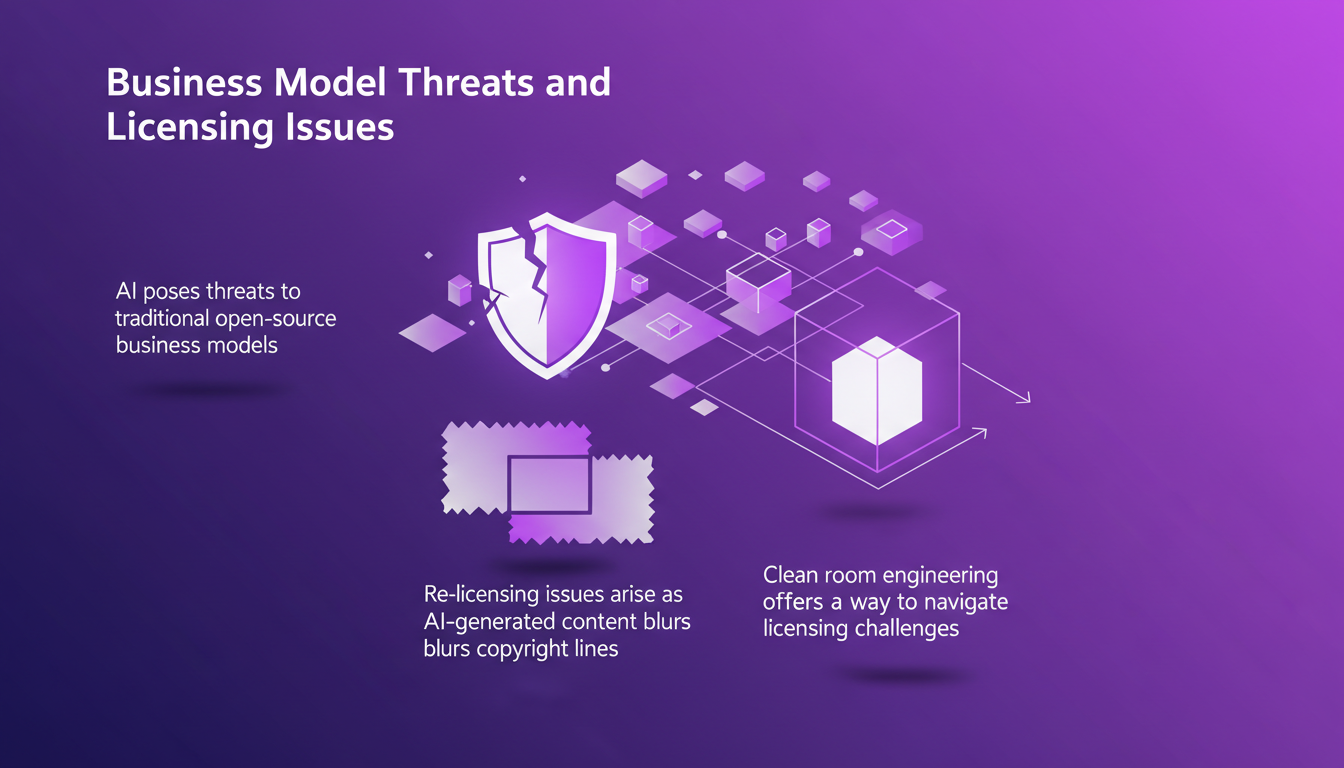 Modern illustration of business model threats and licensing issues with AI, featuring geometric shapes and indigo-violet gradients.