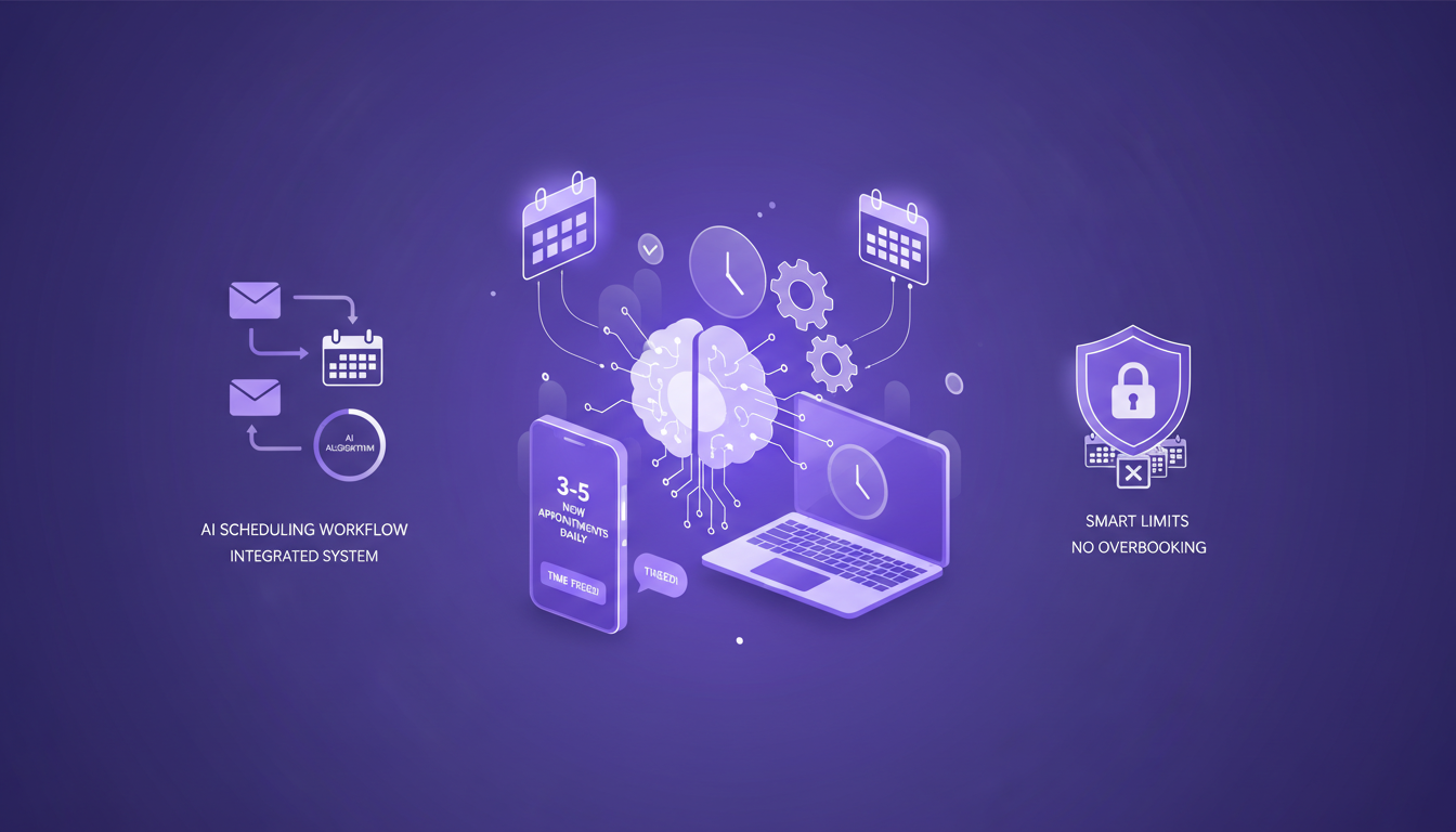 Illustration moderne de l'IA dans la prise de rendez-vous, montrant un flux de travail efficace et innovant avec des nuances indigo et violet.