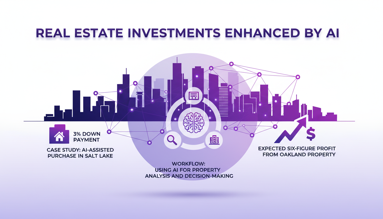 Illustration moderne de l'investissement immobilier avec IA, montrant une analyse de propriété à Salt Lake et un profit à Oakland.