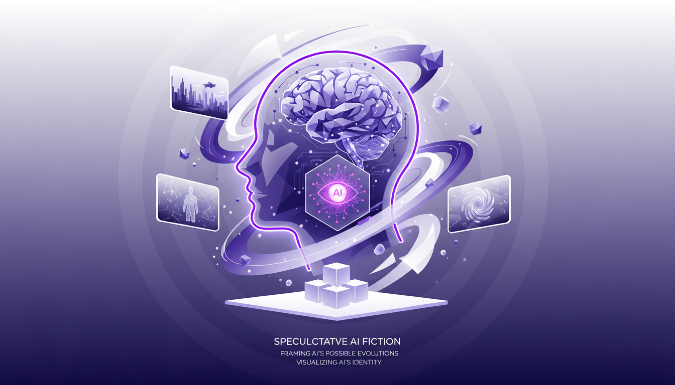 Modern minimalist illustration on speculative fiction's role in AI understanding, featuring geometric shapes and gradient overlays.