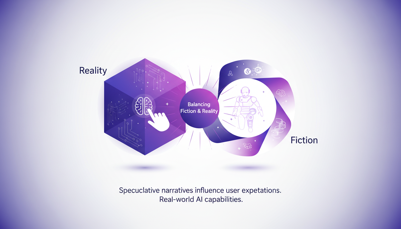 Modern illustration of human-AI relationships with geometric shapes and violet gradients, symbolizing perception and innovation.