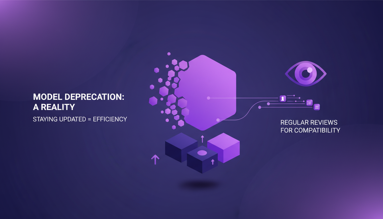 Modern illustration on awareness of AI model deprecation, featuring geometric shapes and gradients in indigo and violet hues.
