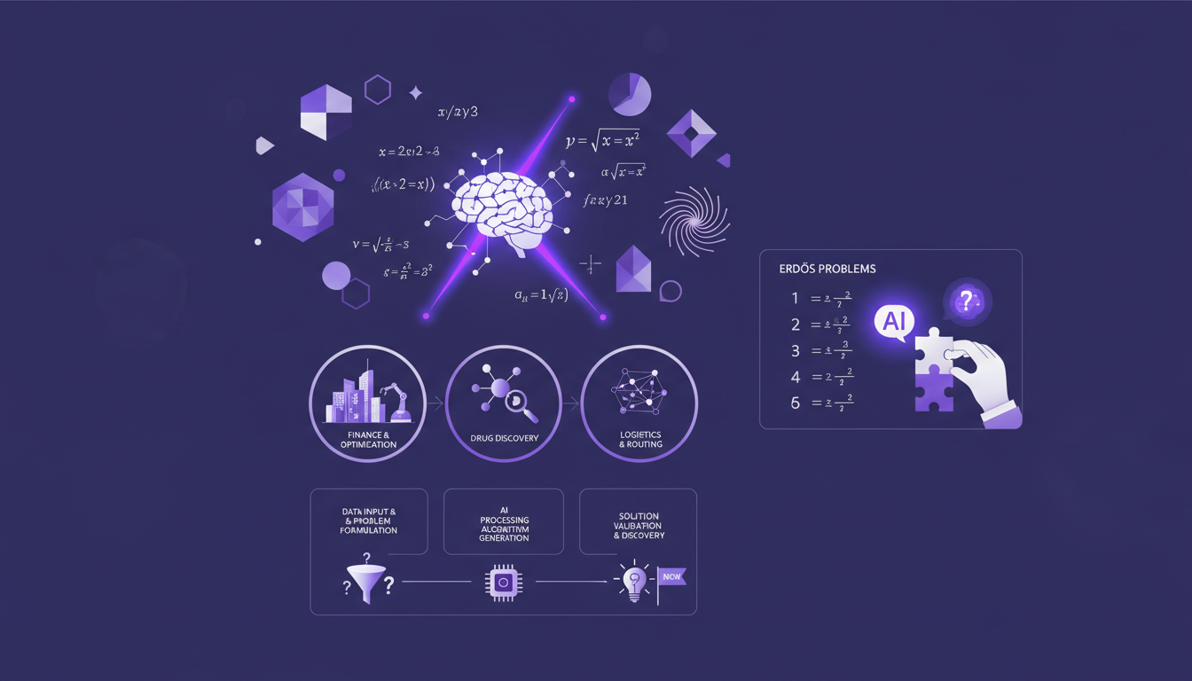 Modern illustration of AI solving complex math problems with geometric shapes and violet gradients, highlighting innovation.