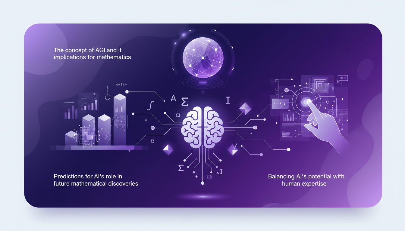 Modern illustration of the future of mathematics with AI, featuring geometric shapes and indigo and violet gradients.