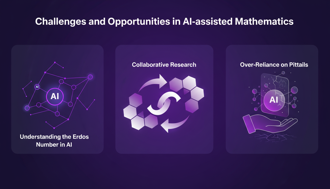 Modern illustration on AI-assisted mathematics challenges and opportunities, featuring geometric shapes and indigo, violet color scheme.