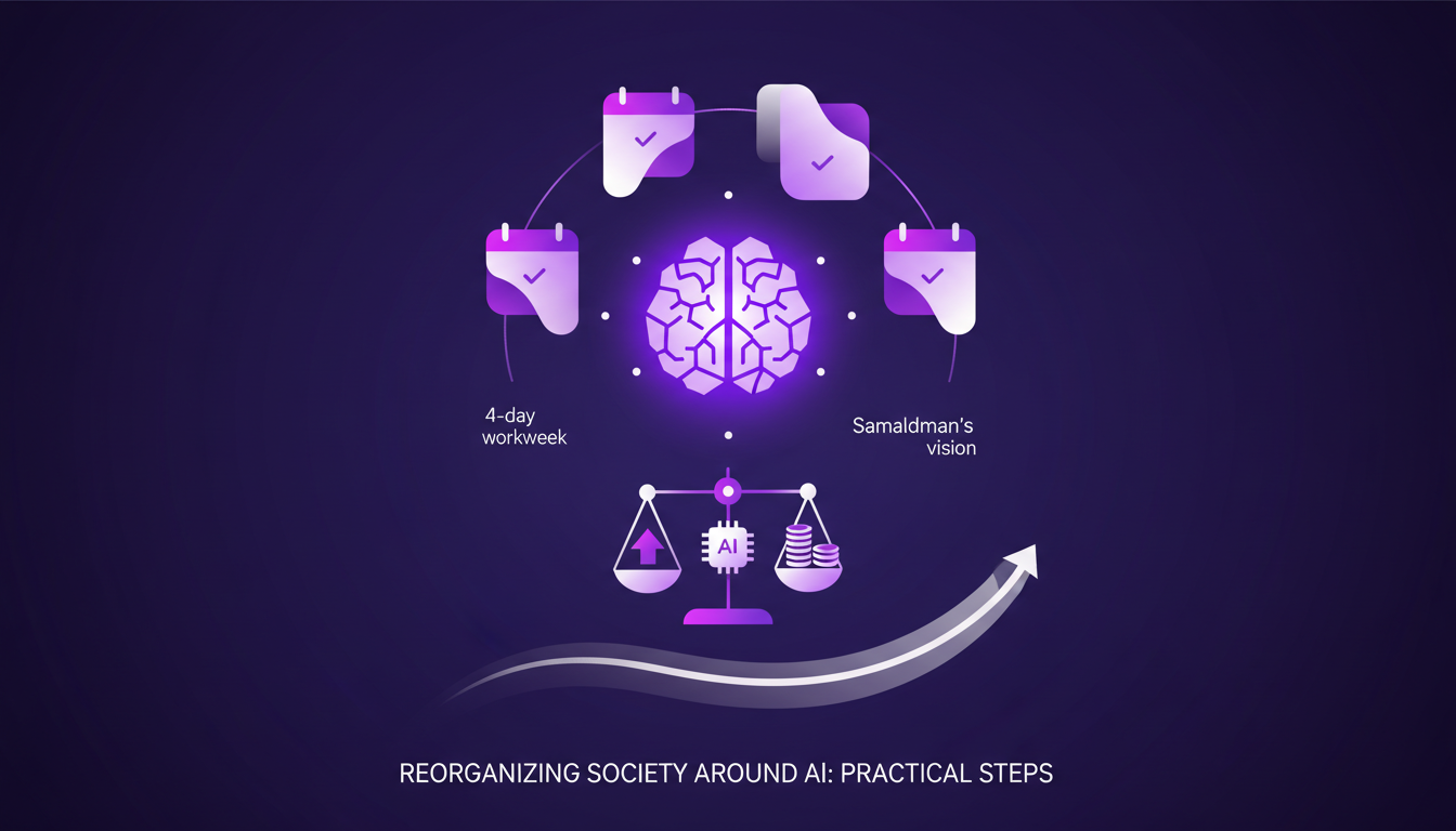 Modern illustration of reorganizing society around AI with geometric shapes and gradients, symbolizing an innovative future.