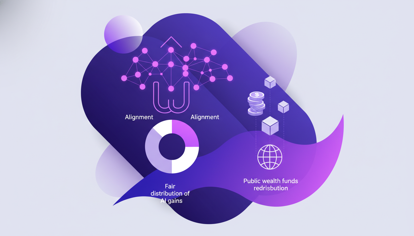 Modern illustration of OpenAI's industrial policy and new social contract, aligning AI development with societal benefits, featuring geometric shapes.