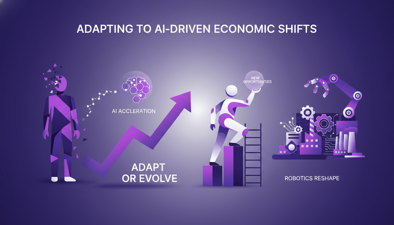 Modern minimalist illustration on AI-driven economic shifts, featuring geometric shapes and violet gradients, symbolizing adaptation.