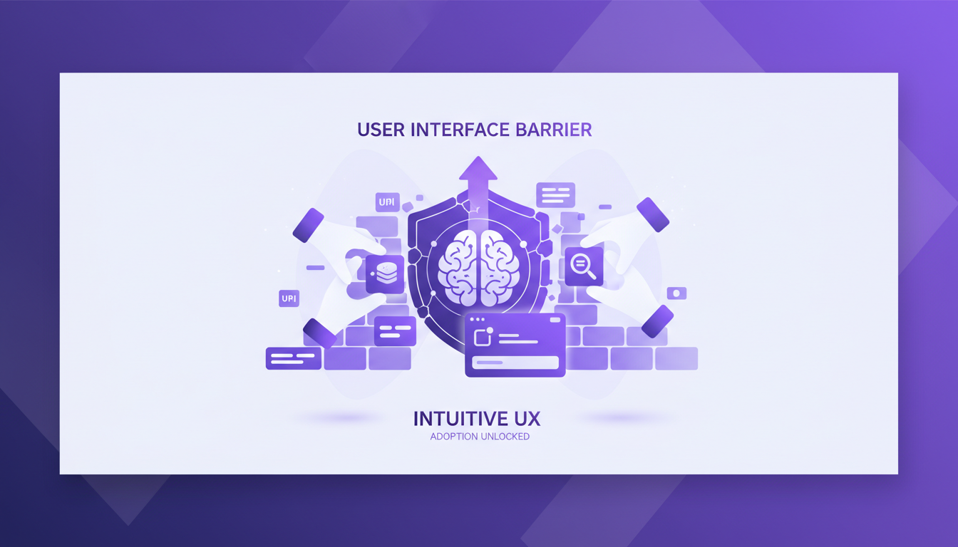 Modern illustration overcoming user adoption and interface design challenges in AI, focusing on intuitive and balanced design.