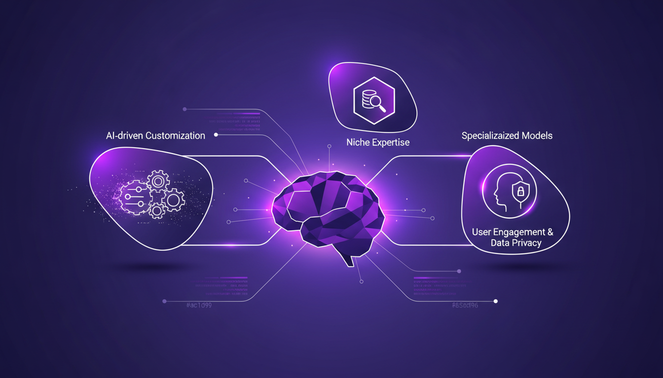 Modern illustration of software customization with AI, featuring geometric shapes and indigo-violet gradients for a tech blog.
