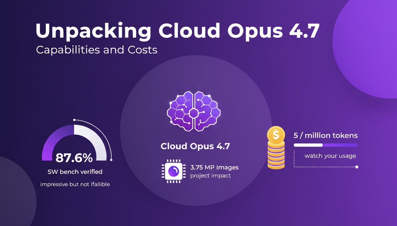 Modern illustration of Cloud Opus 4.7 showcasing capabilities and costs, featuring geometric shapes and violet gradients.