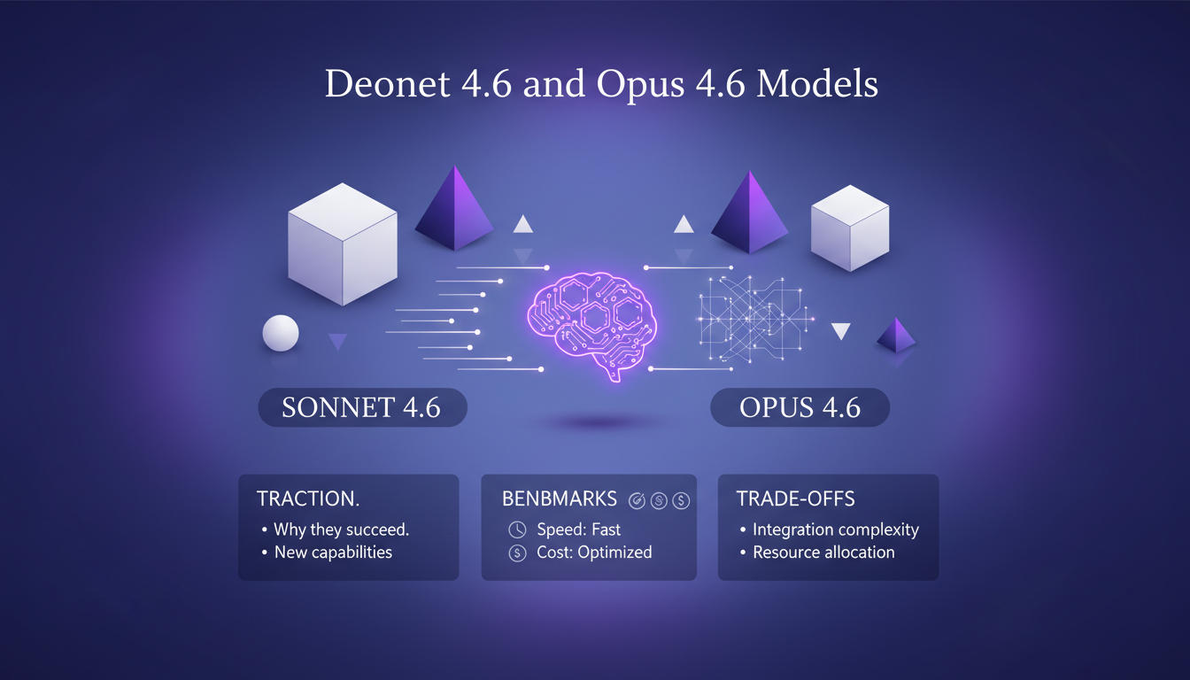 Modern illustration of Sonnet 4.6 and Opus 4.6 AI models with geometric shapes and gradients, showcasing performance and integration.
