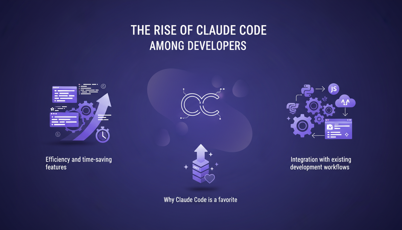 Modern illustration of Claude Code's rise, seamless integration into developer workflows, AI technology focus.