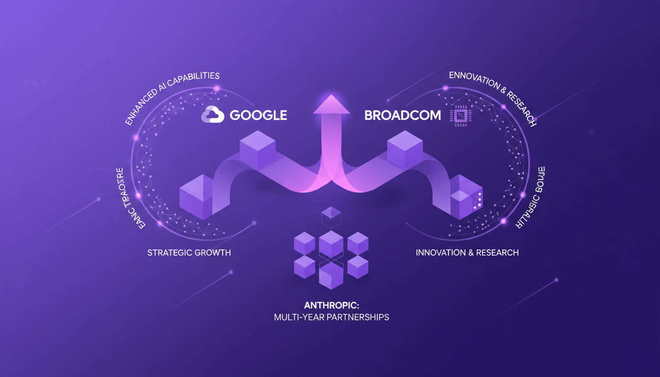 Modern illustration of Google and Broadcom strategic partnership, highlighting AI with geometric shapes and violet gradients.