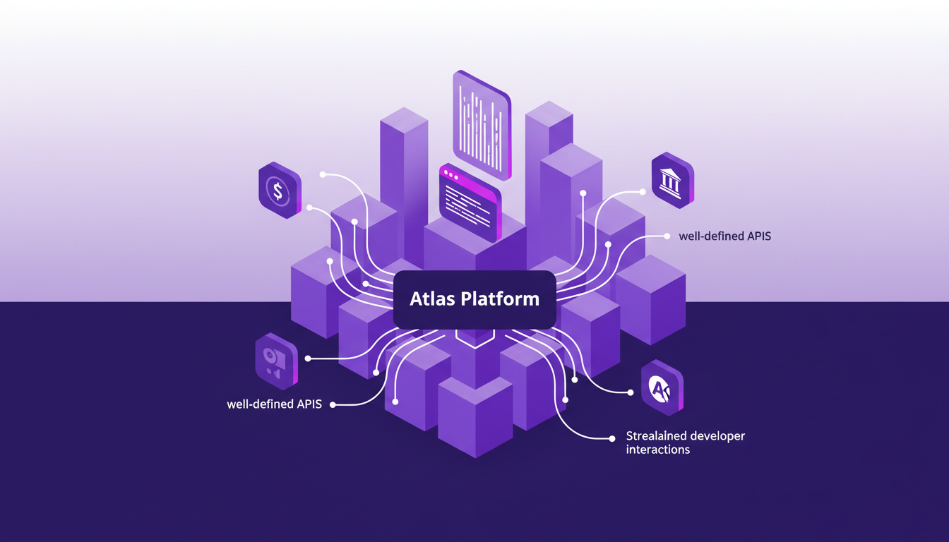 Modern illustration of API-based platform engineering with geometric shapes and indigo-violet gradients, highlighting seamless integration.