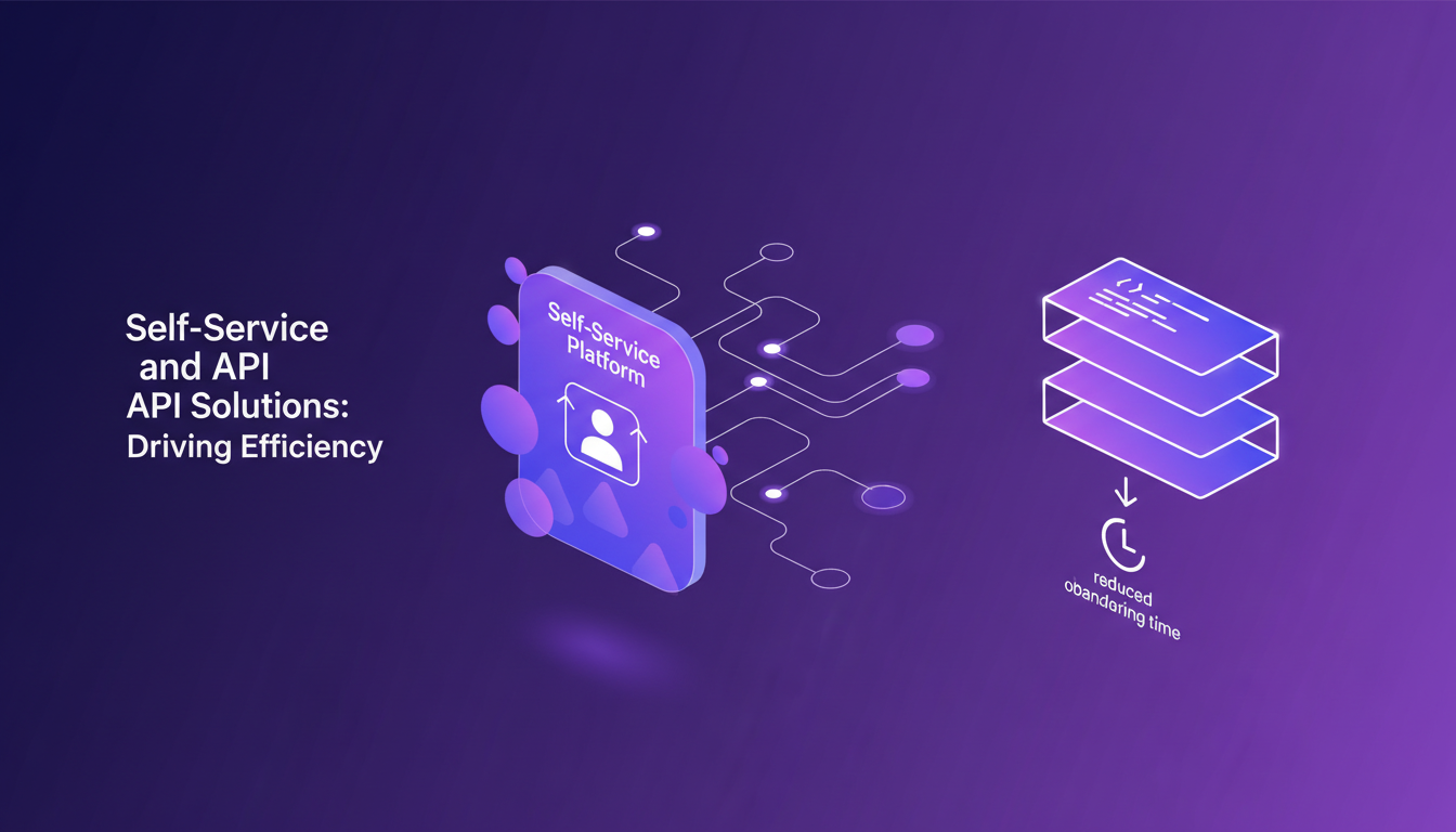 Modern illustration of self-service and API solutions, highlighting efficiency with geometric shapes and indigo-violet gradients.