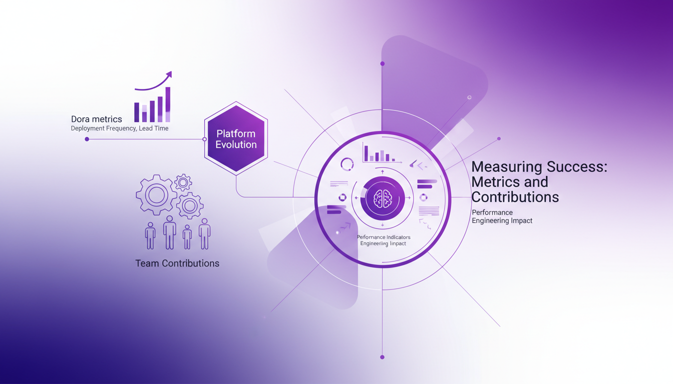 Modern illustration on success: metrics and contributions, featuring geometric shapes and indigo and violet gradients.