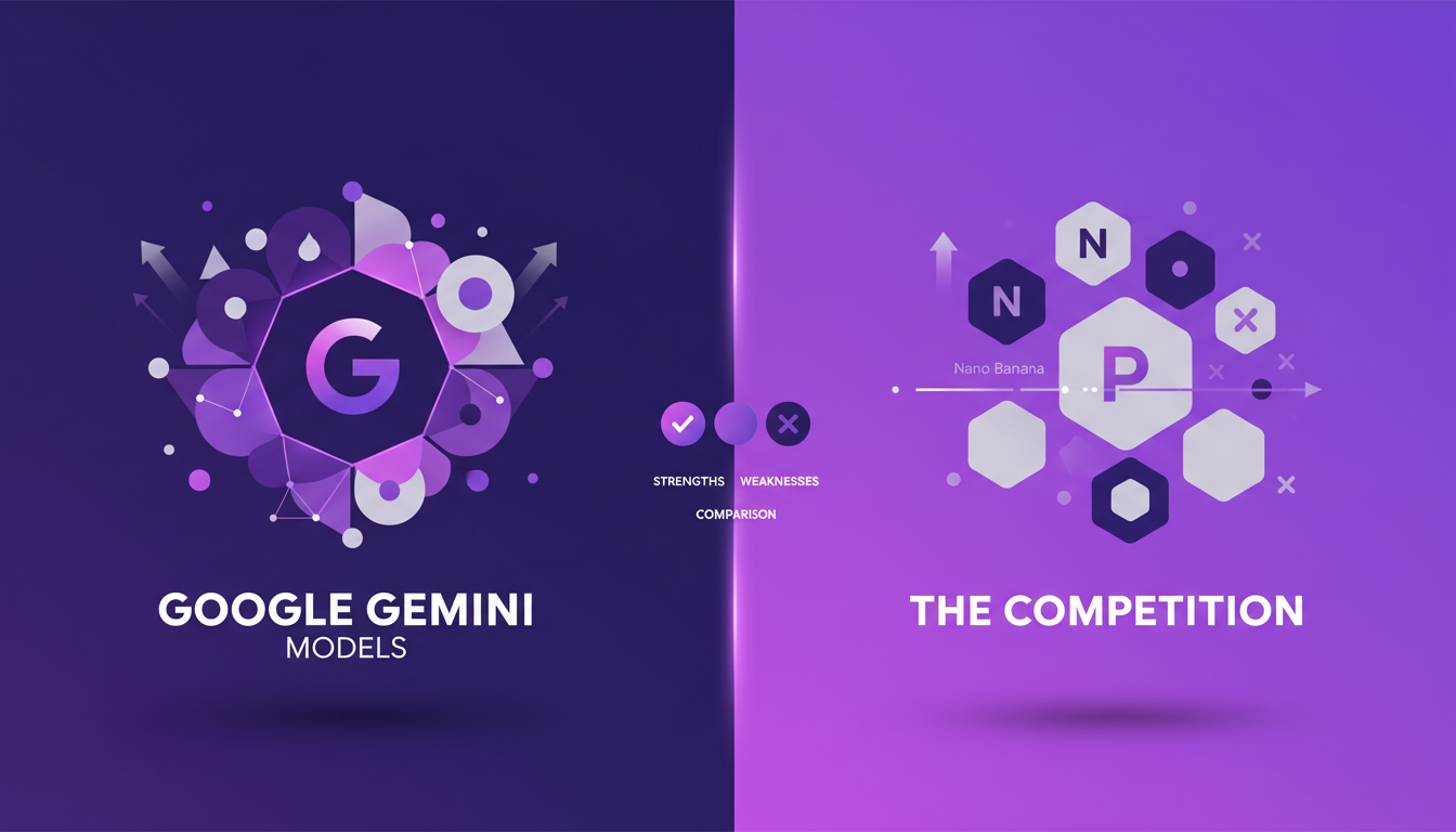 Modern illustration of Google Gemini Models vs. Competition, featuring geometric shapes and indigo-violet gradient, highlighting AI comparison.
